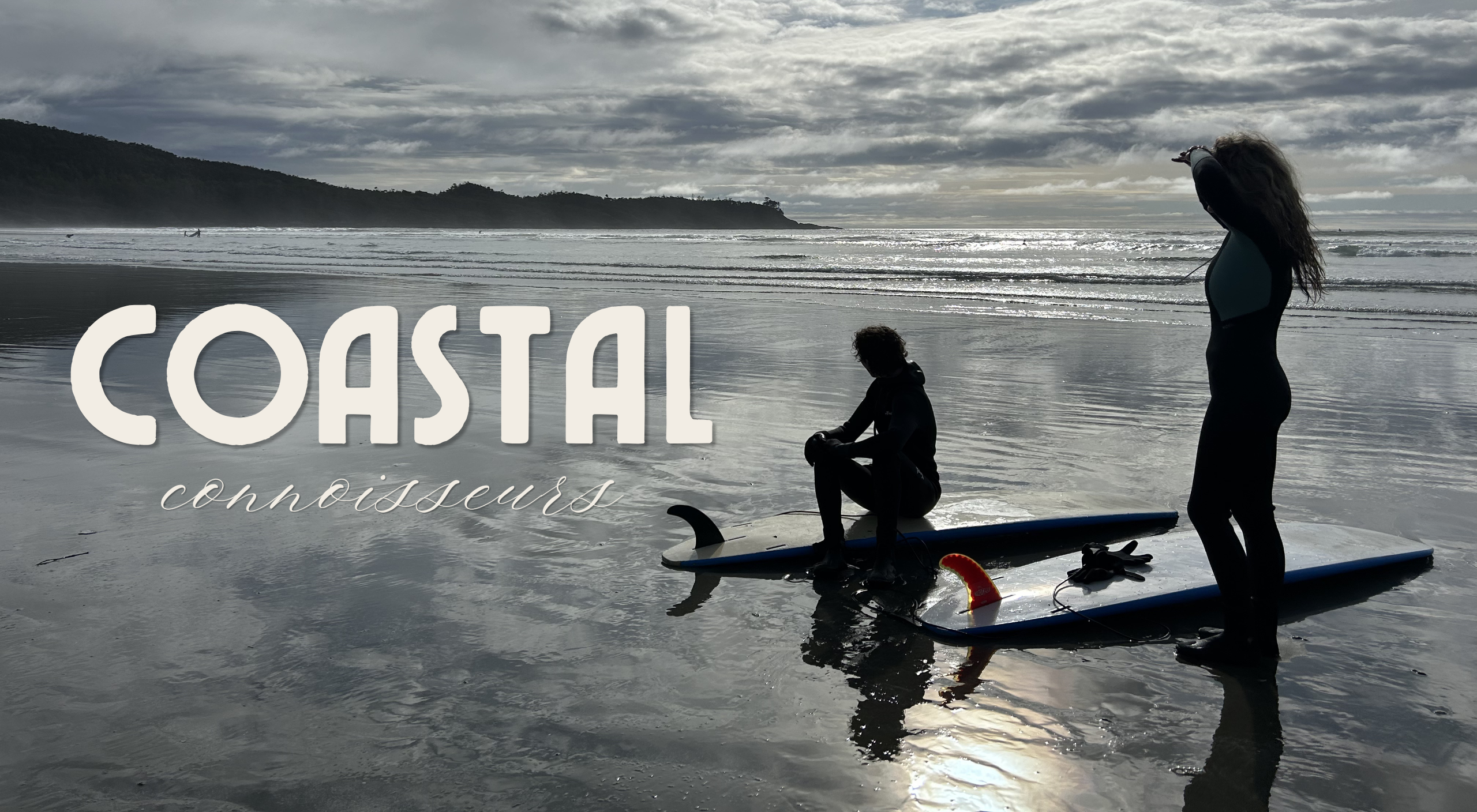 Two people in wet suits admire the beach view, their surfboards on the sand. Text reads "Coastal Connoisseurs"