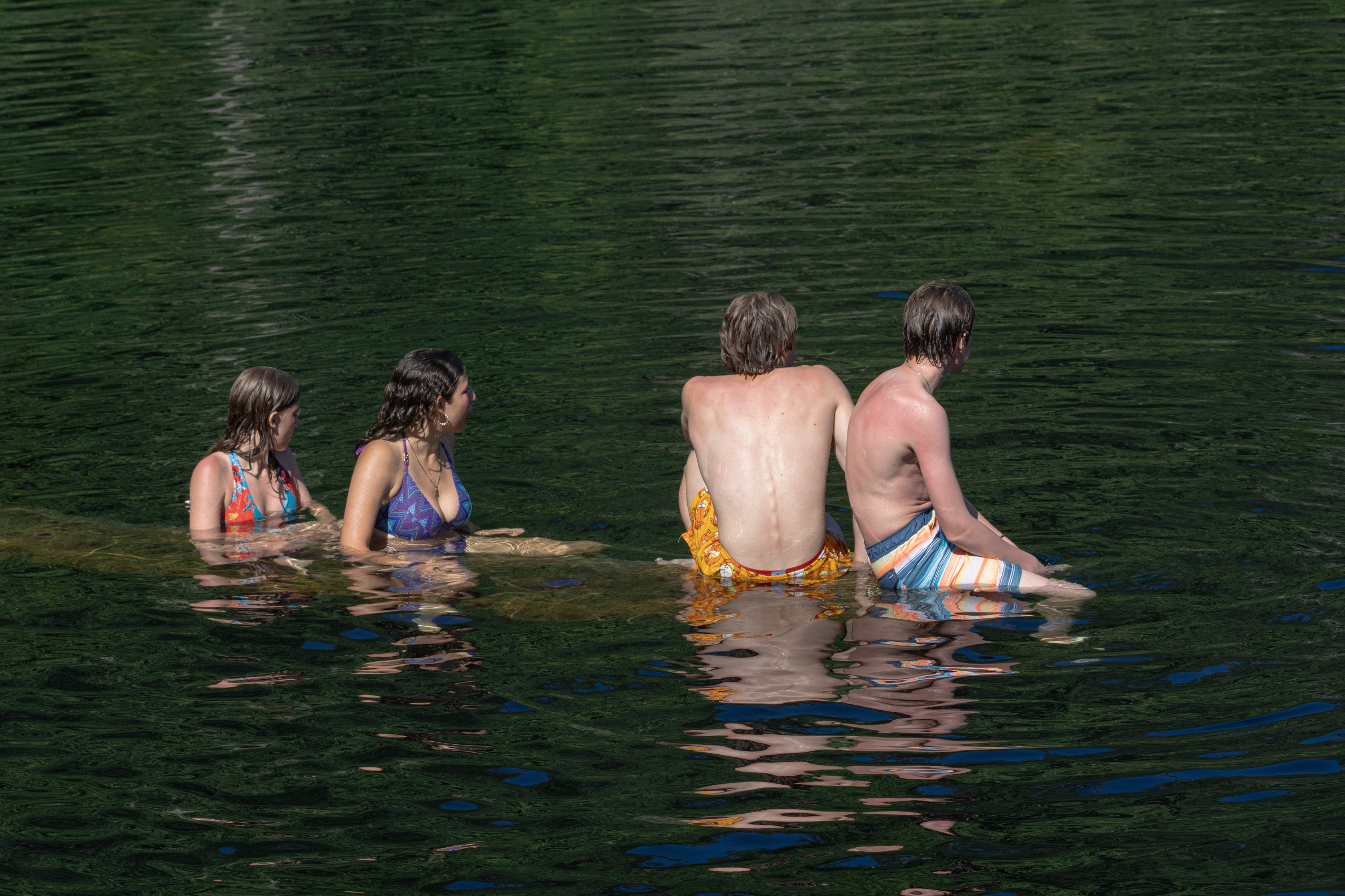 Four teenagers sit on a log in the middle of a lake.