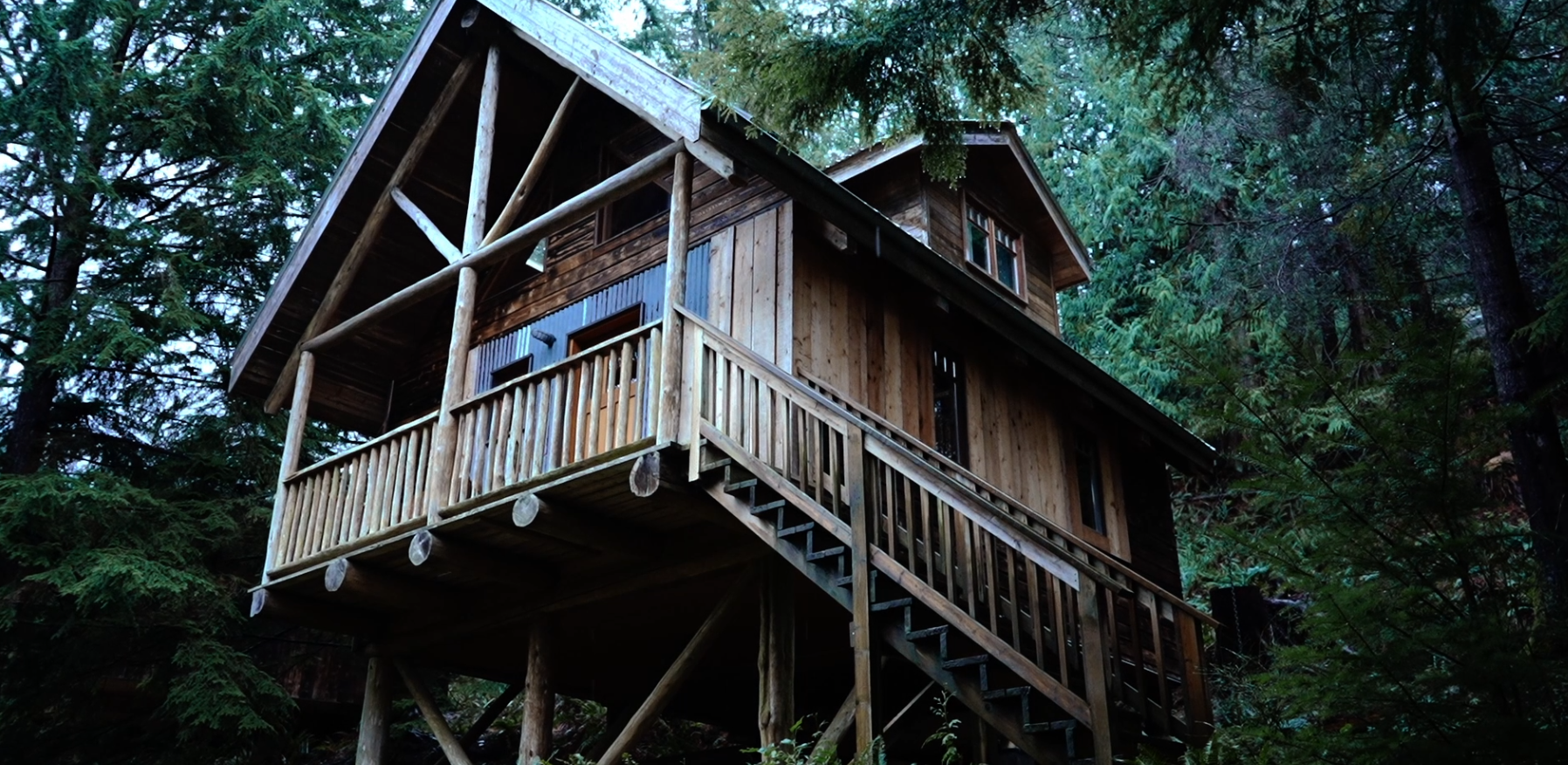A wood cabin in a lush green forest.